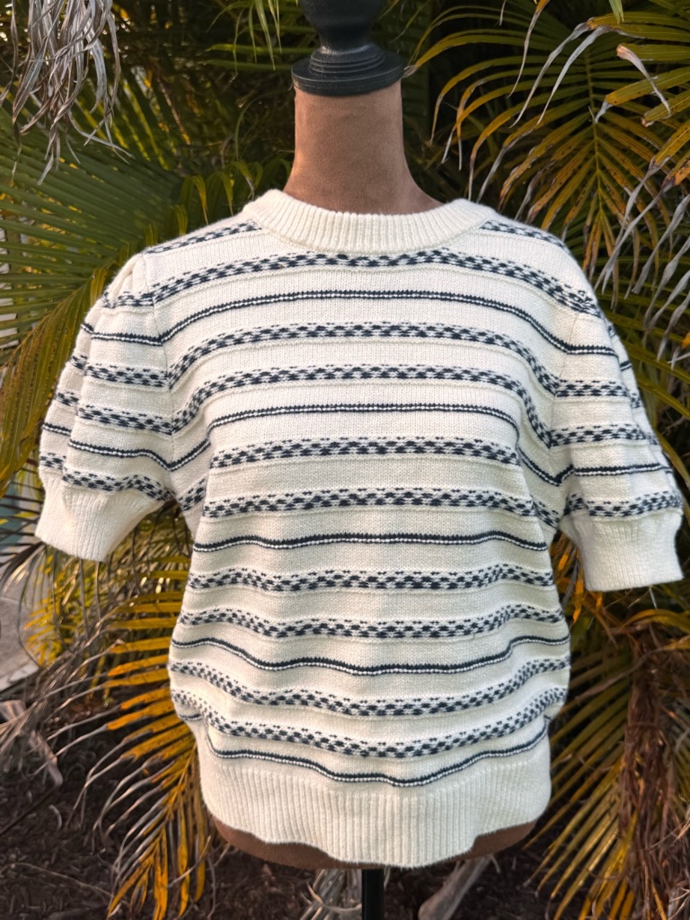 St John’s Bay short sleeve cream sweater with navy blue stripes Large